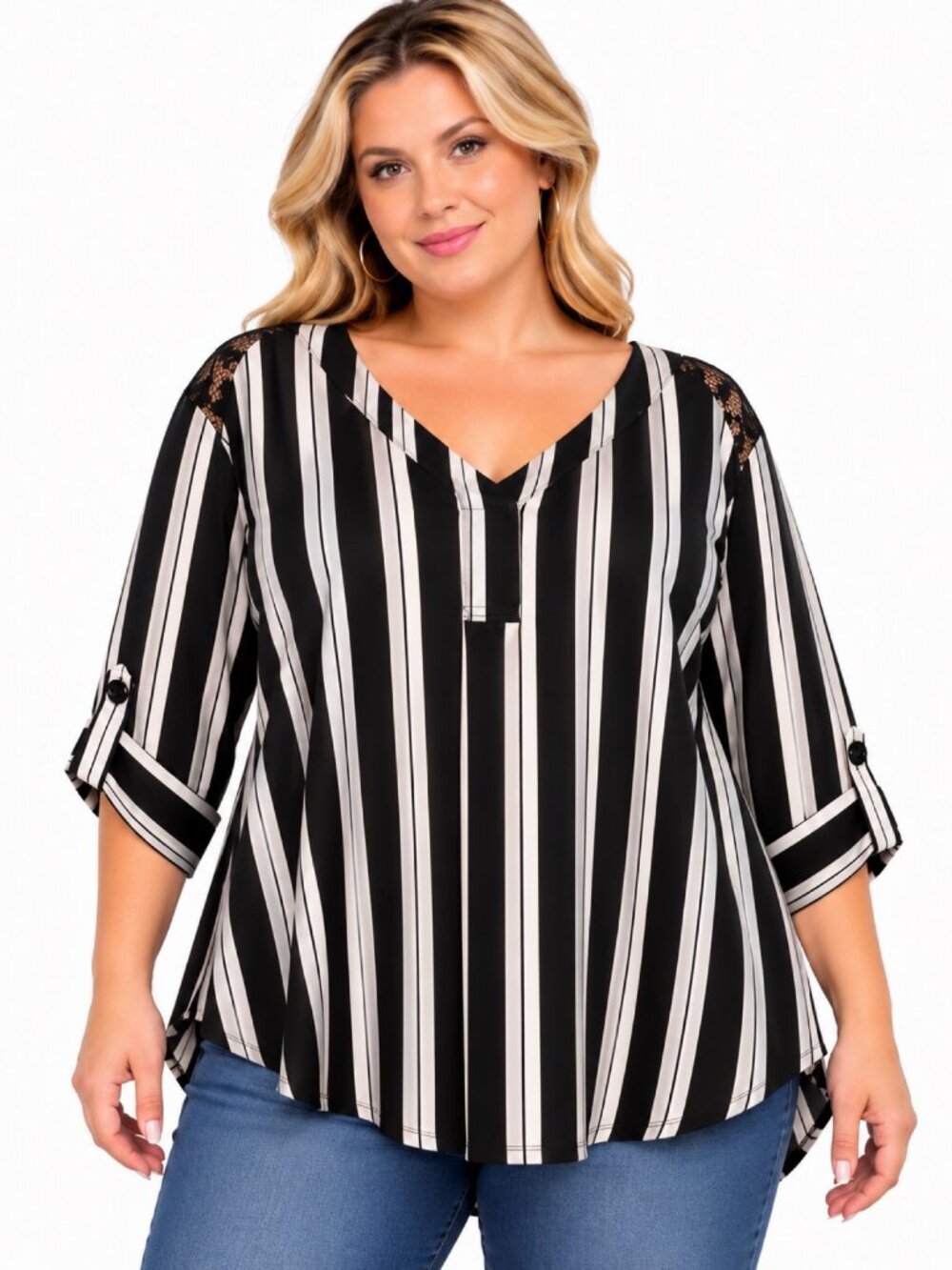 Torrid Black White Striped Lace Back Yoke Tunic Top Split V Neck Roll Tab Sleeve